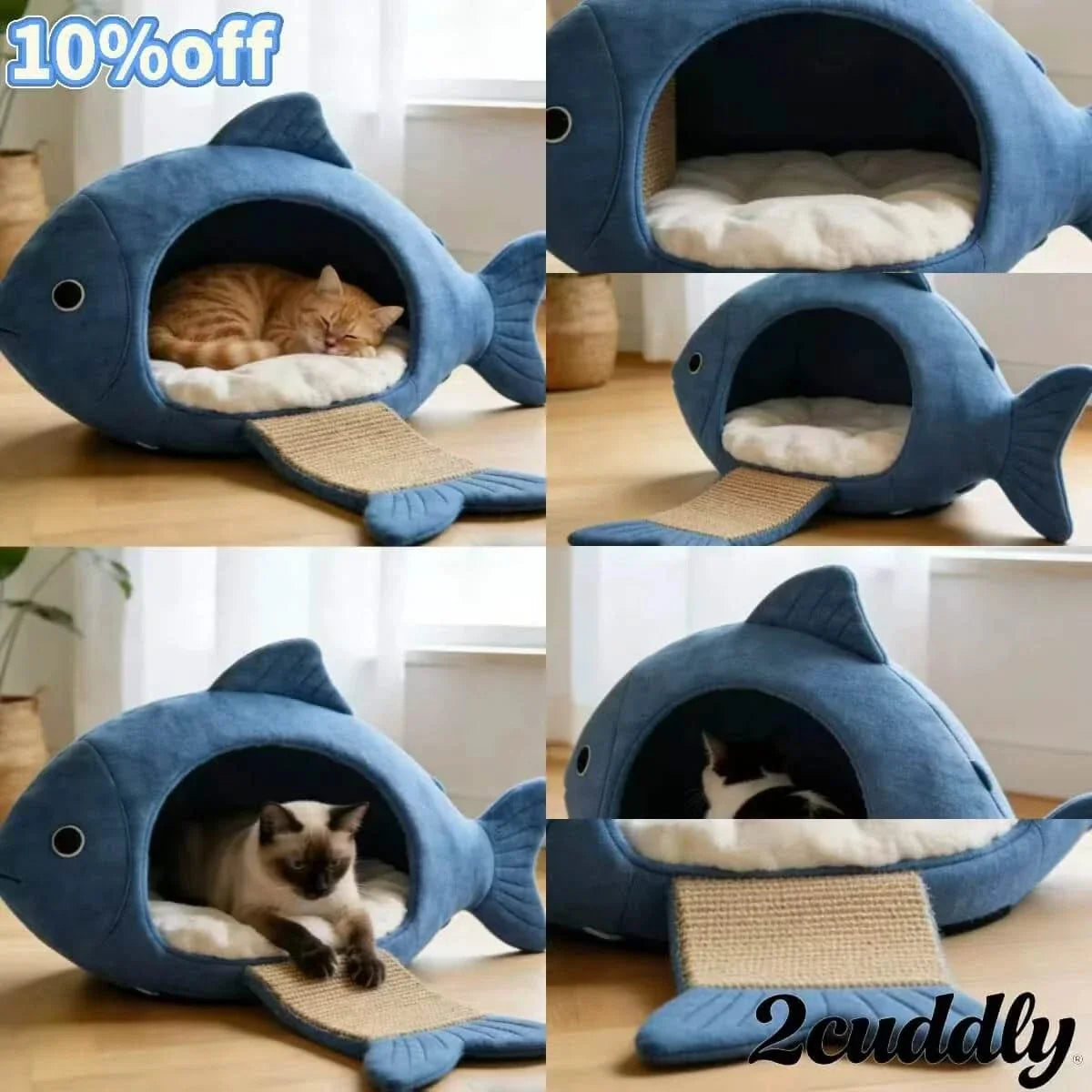 Sunlit Pet Bed for Cats, Shark Shape, Plush Fabric, Blue/White, Morning Nap Perch, All-Season