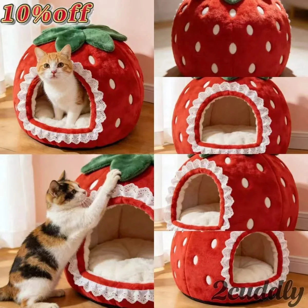 Ultra-Soft Pet Bed for Cats, Strawberry Shape, Fleece Lining, Lace Trim, Red, All-Season