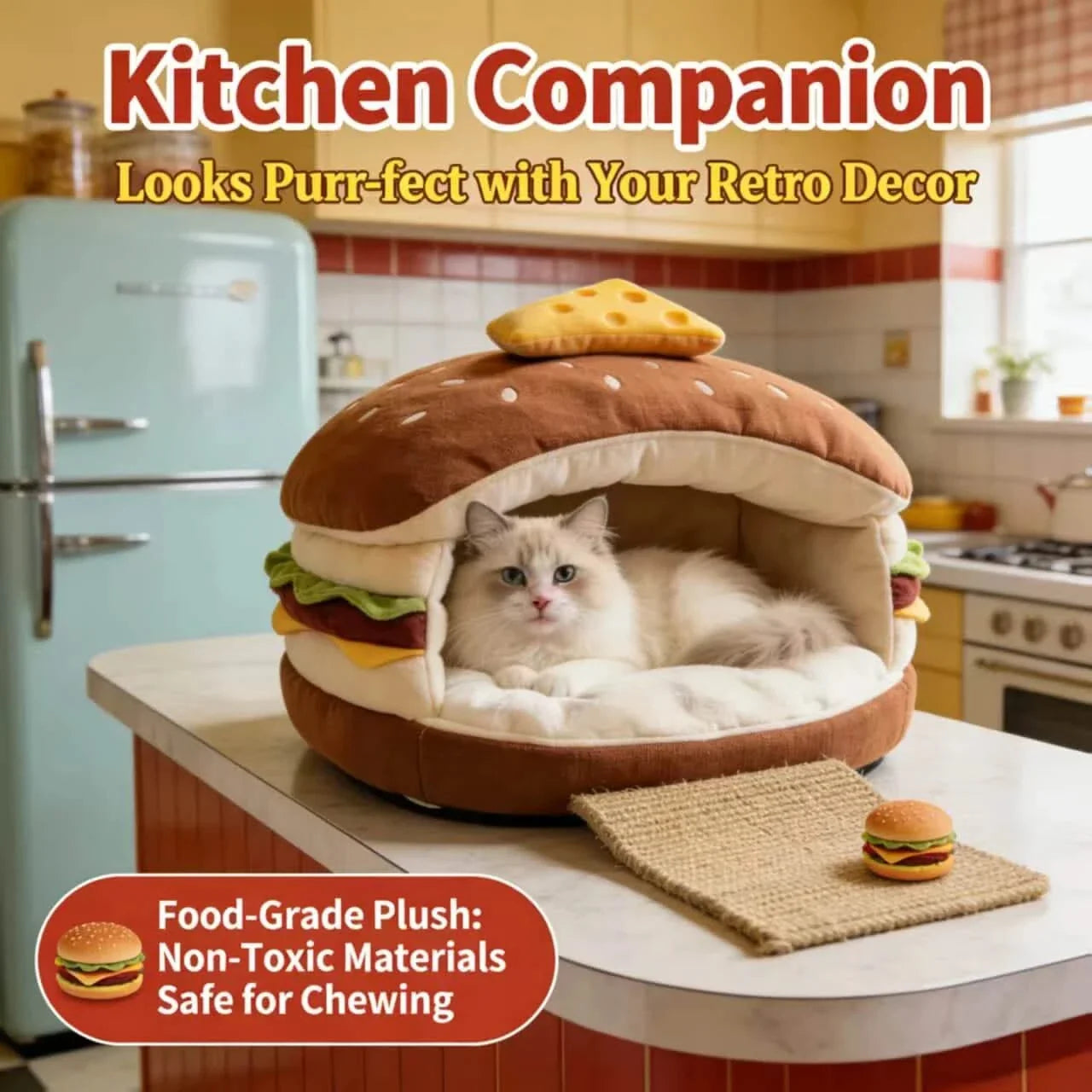 Novelty Hideaway Cat Bed, Hamburger Shape, Non-Toxic Fabric, Retro Decor Fit