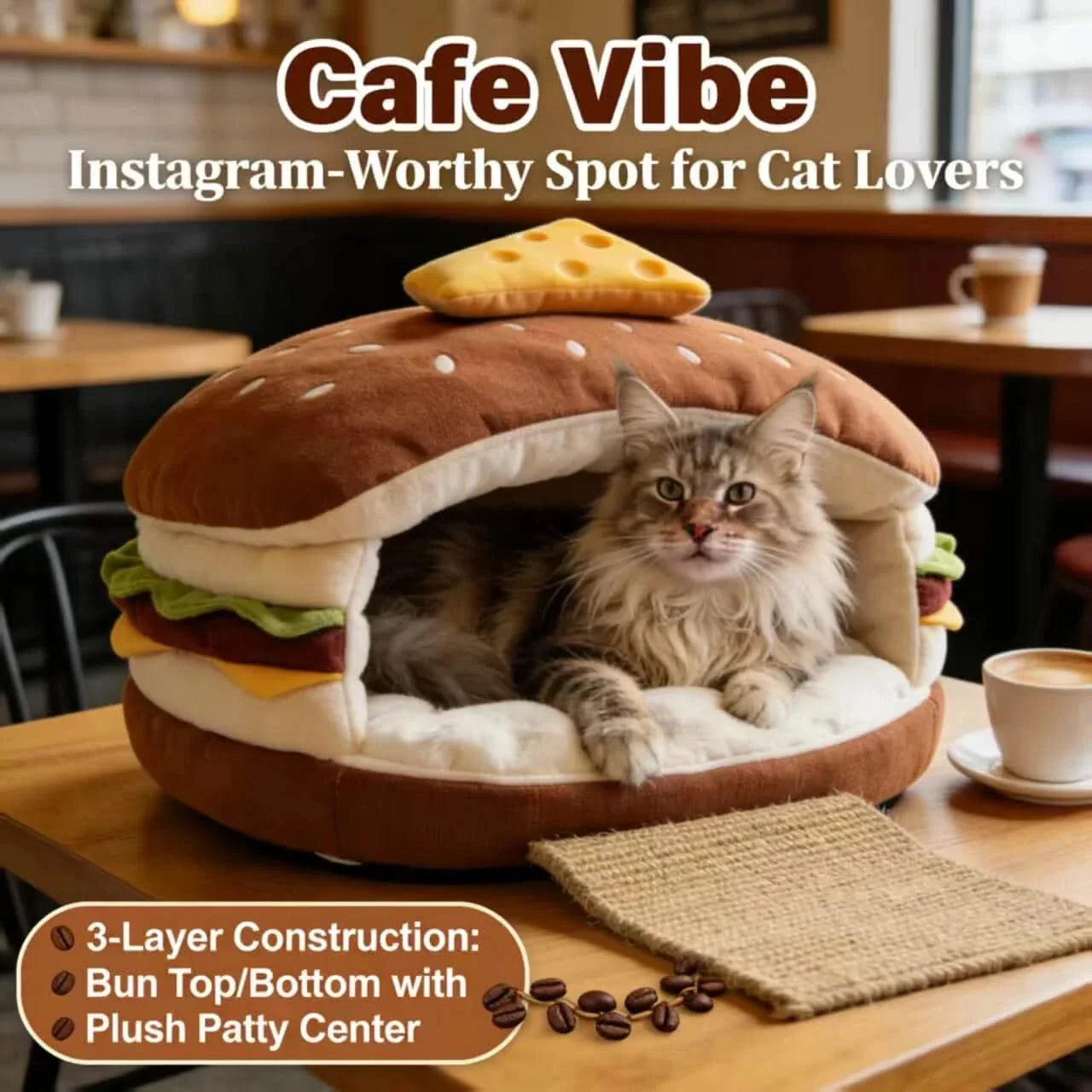 Novelty Hideaway Cat Bed, Hamburger Shape, Non-Toxic Fabric, Retro Decor Fit