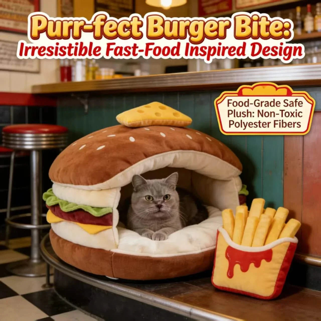 Novelty Hideaway Cat Bed, Hamburger Shape, Non-Toxic Fabric, Retro Decor Fit