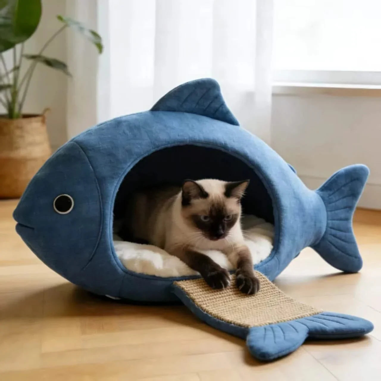 Sunlit Pet Bed for Cats, Shark Shape, Plush Fabric, Blue/White, Morning Nap Perch, All-Season