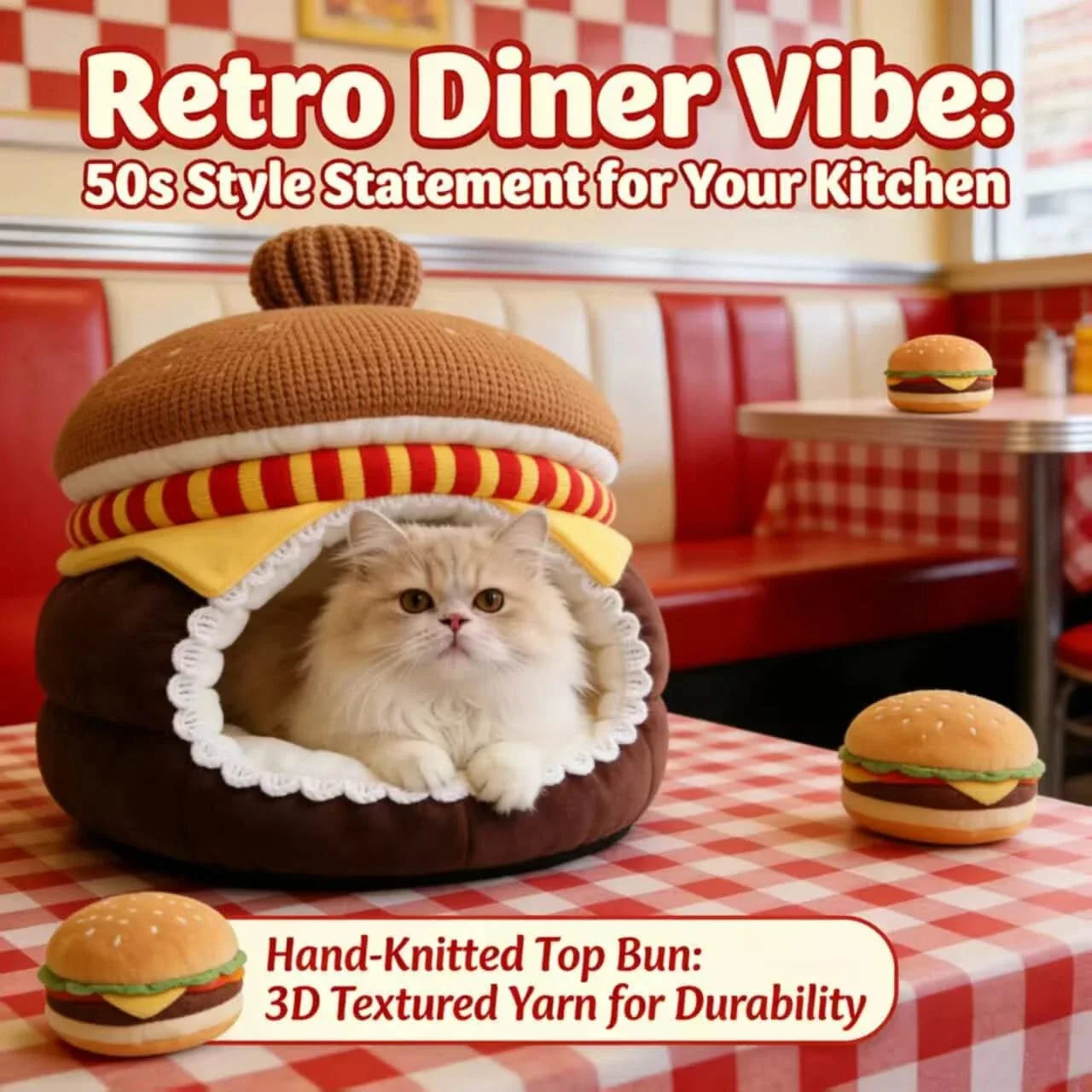 Countertop Cat Bed, Burger Design Cave, Food-Safe Plush, Non-Toxic Material