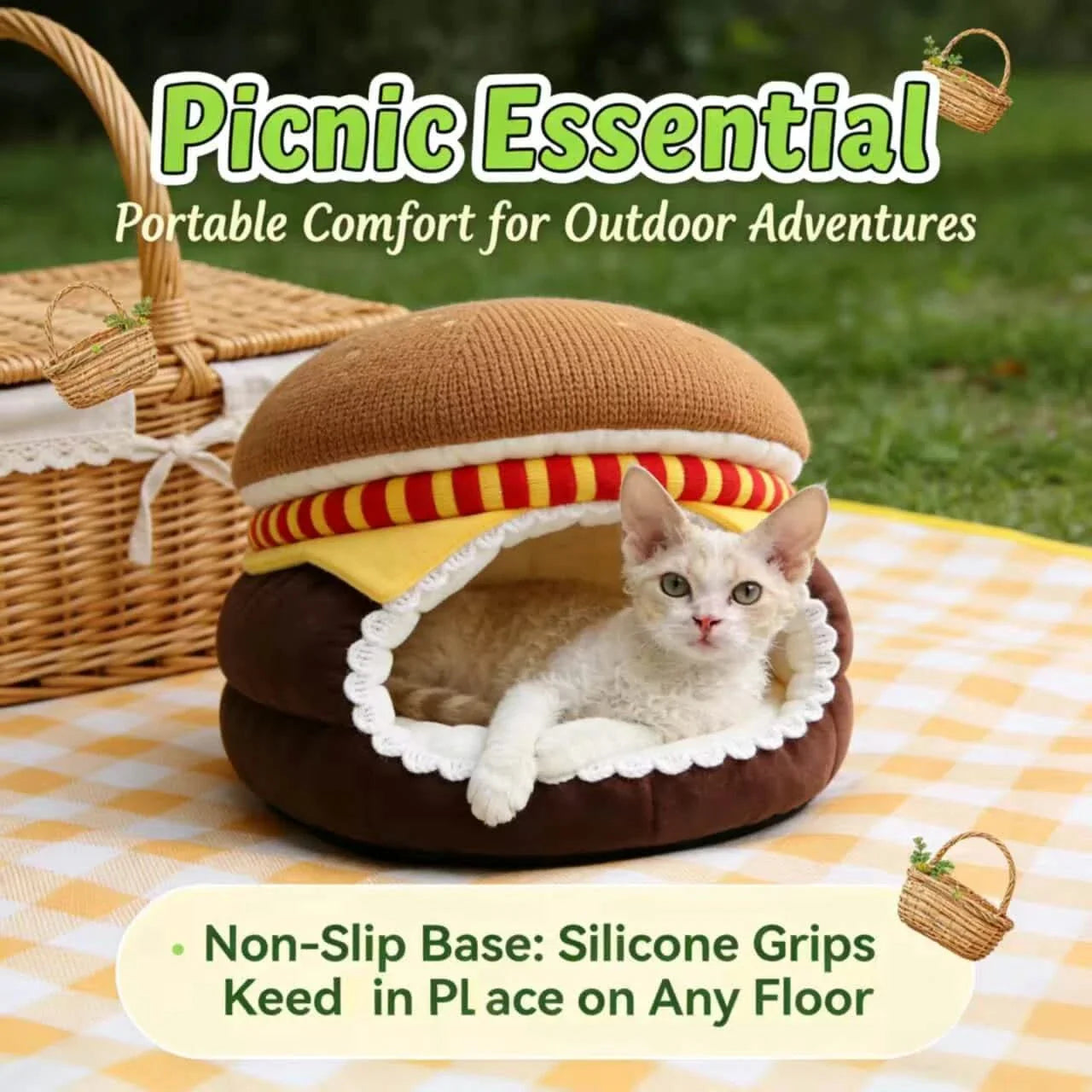 Countertop Cat Bed, Burger Design Cave, Food-Safe Plush, Non-Toxic Material