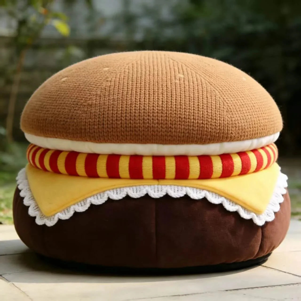 Countertop Cat Bed, Burger Design Cave, Food-Safe Plush, Non-Toxic Material
