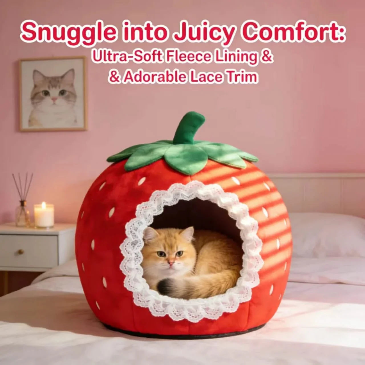 Ultra-Soft Pet Bed for Cats, Strawberry Shape, Fleece Lining, Lace Trim, Red, All-Season