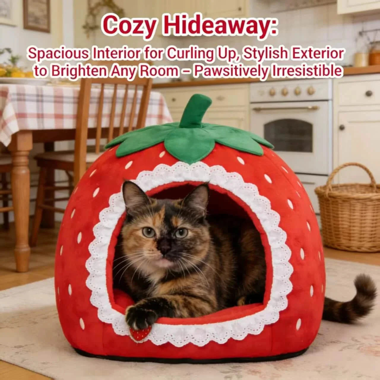 Ultra-Soft Pet Bed for Cats, Strawberry Shape, Fleece Lining, Lace Trim, Red, All-Season