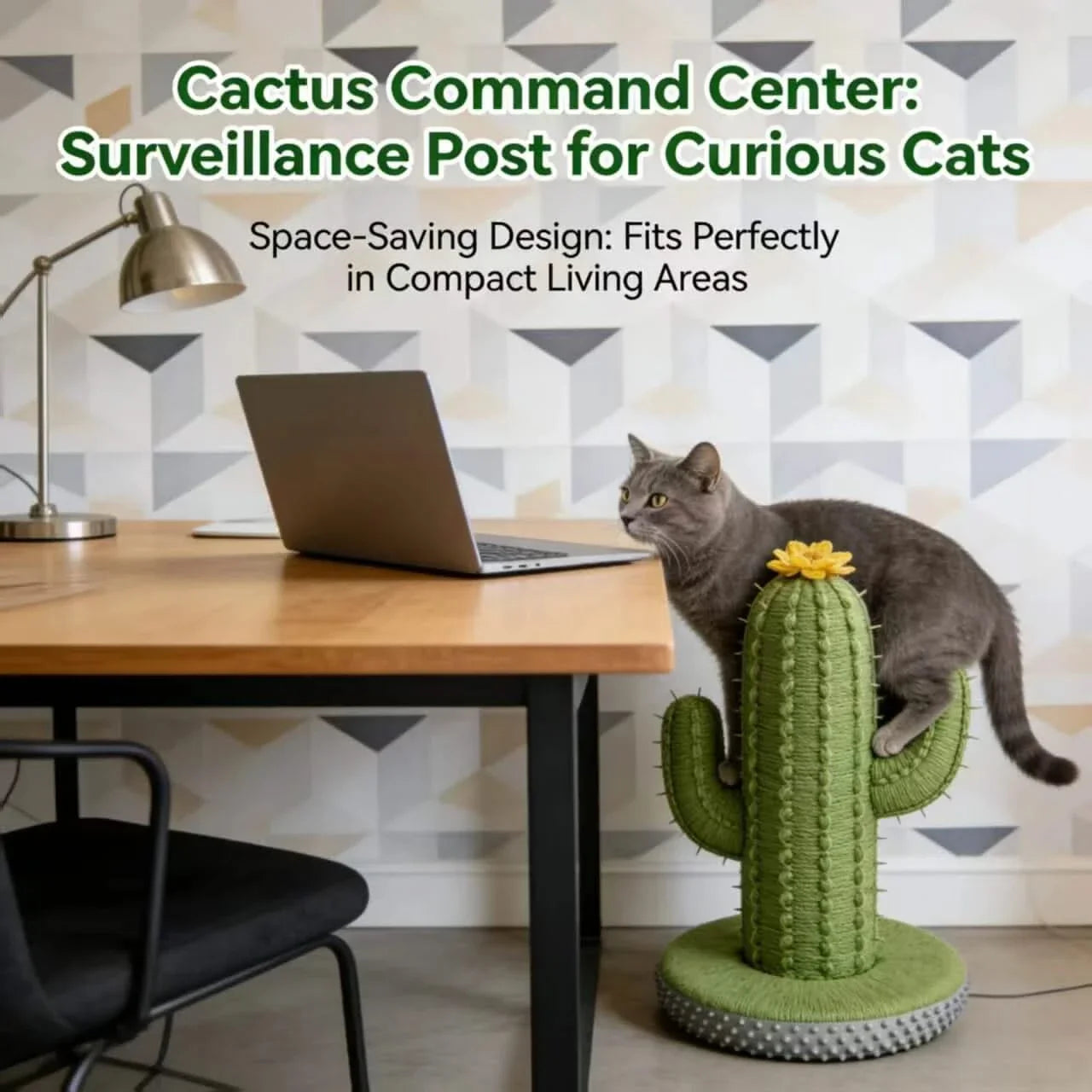 Climbing Cat Scratcher, Cactus Shape, Sturdy Base, Green, Interactive Play, All-Season