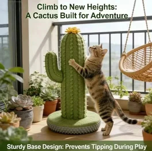 Climbing Cat Scratcher, Cactus Shape, Sturdy Base, Green, Interactive Play, All-Season