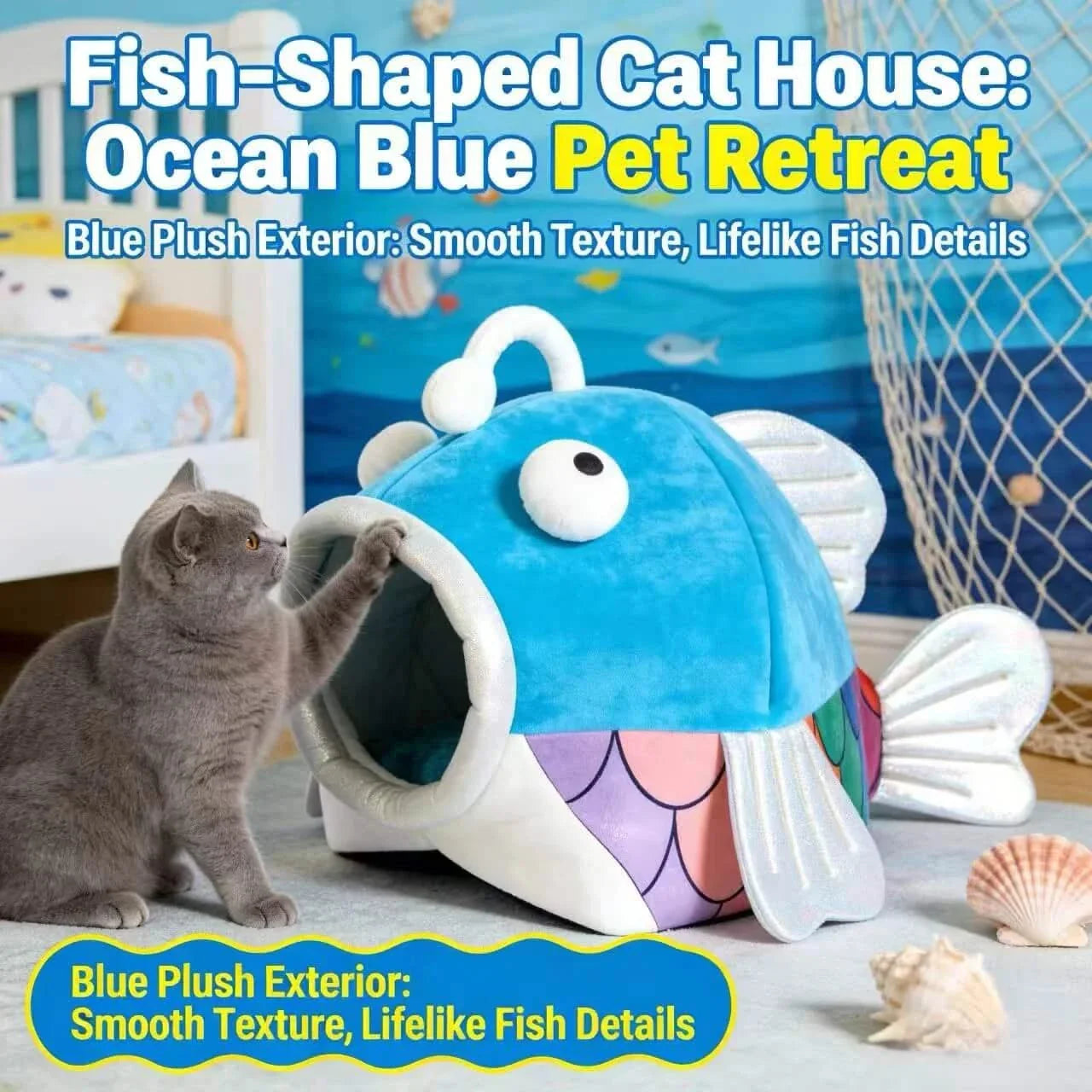 Cat Bed, Clownfish Shape, Comfortable Plush, Blue/White, Pet-Safe Material, All-Season