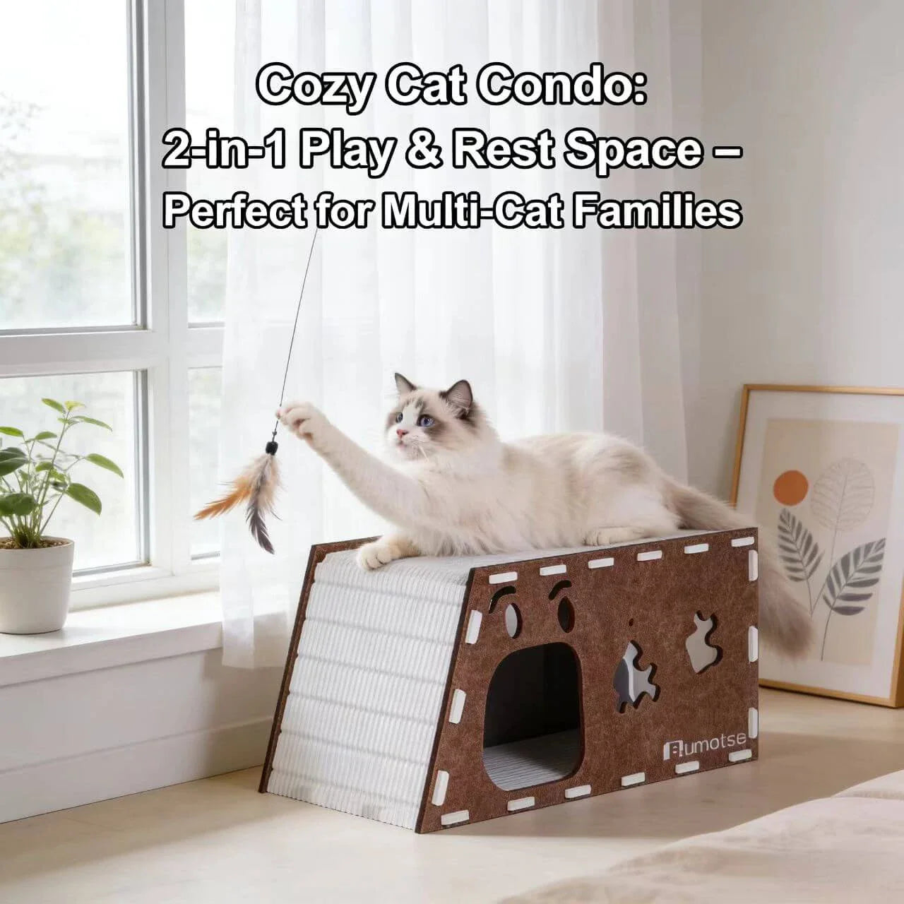 Interactive Felt Cat Bed: Built-in Toys, Perch & Hideaway, Brown for Cats