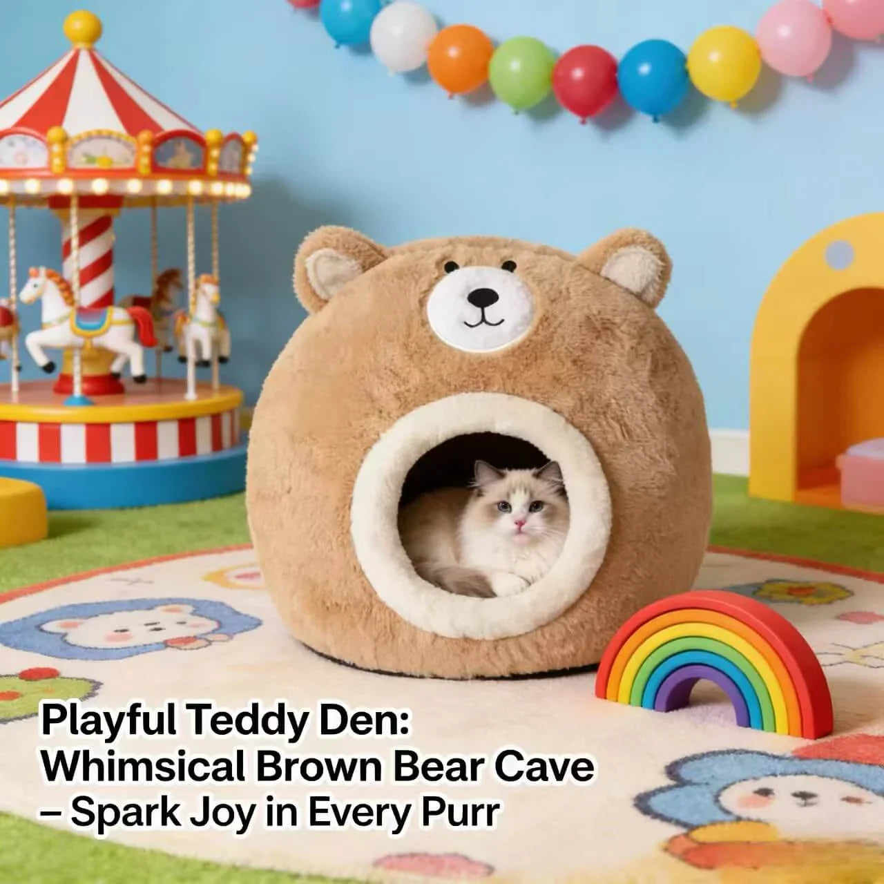 Cozy Bear-Shaped Cat Bed: Beige Plush Fabric, Enclosed Privacy Shelter for Cats