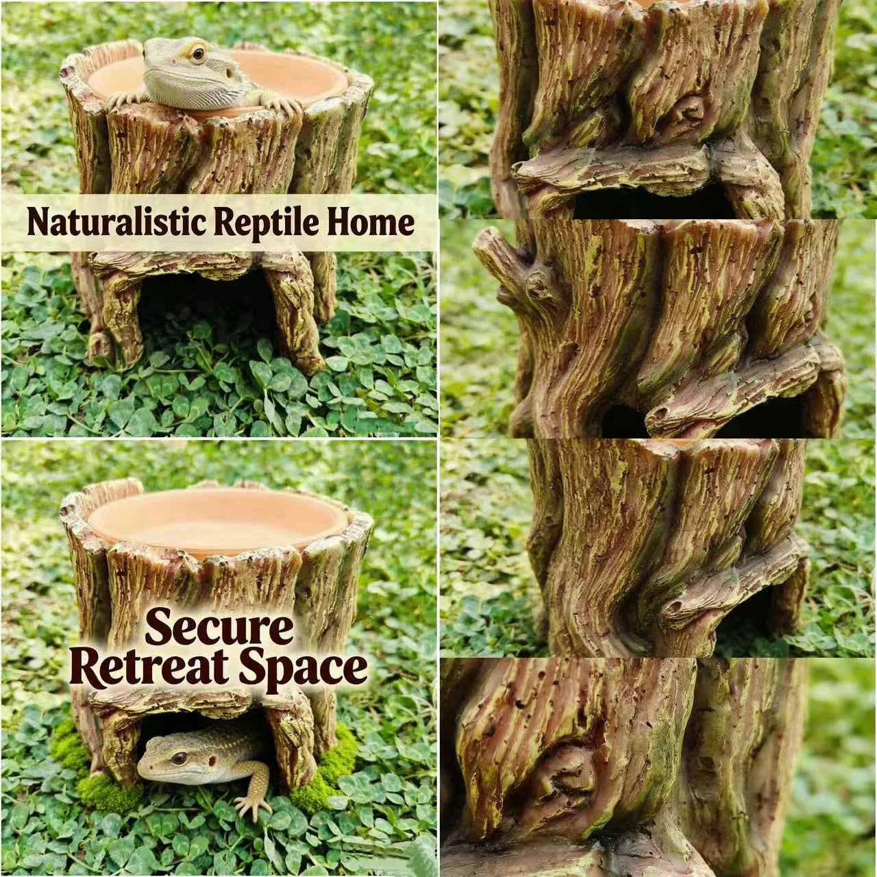 Hide & Feed Lizard Cave for Reptiles (Lizards) - Realistic Tree Stump Texture Durable Resin Wood-Tone