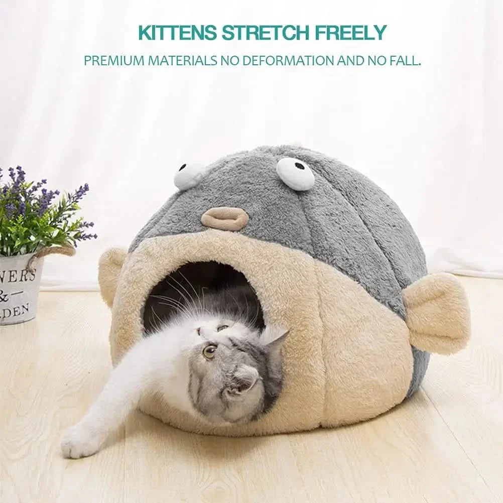 Cozy Pufferfish Cat Cave Bed with Washable Pillow, Soft Plush for Indoor Cats