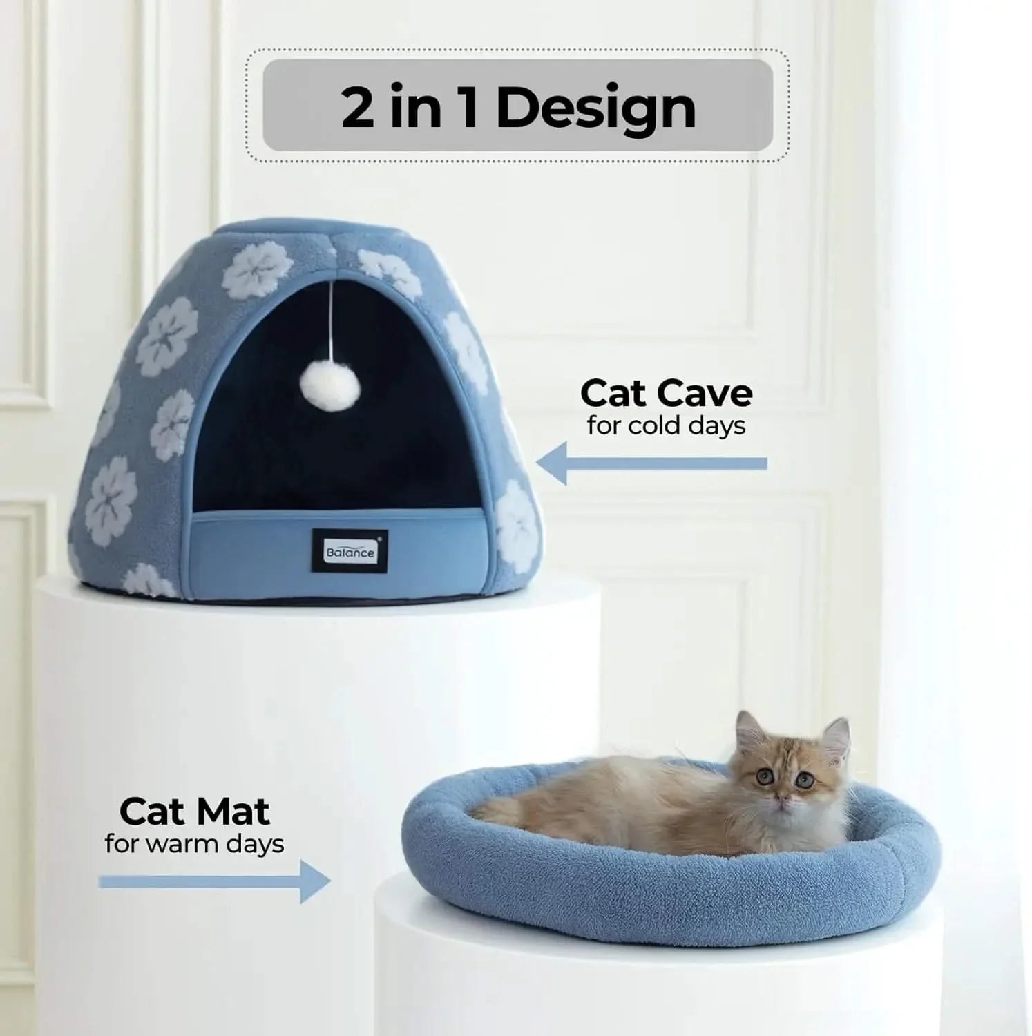 BALANCE Cozy 2-in-1 Plush Cat Bed Cave - Anti-Slip Den