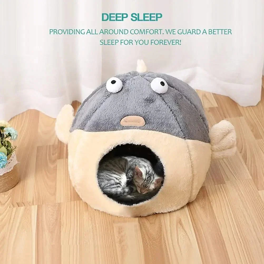 Cozy Pufferfish Cat Cave Bed with Washable Pillow, Soft Plush for Indoor Cats