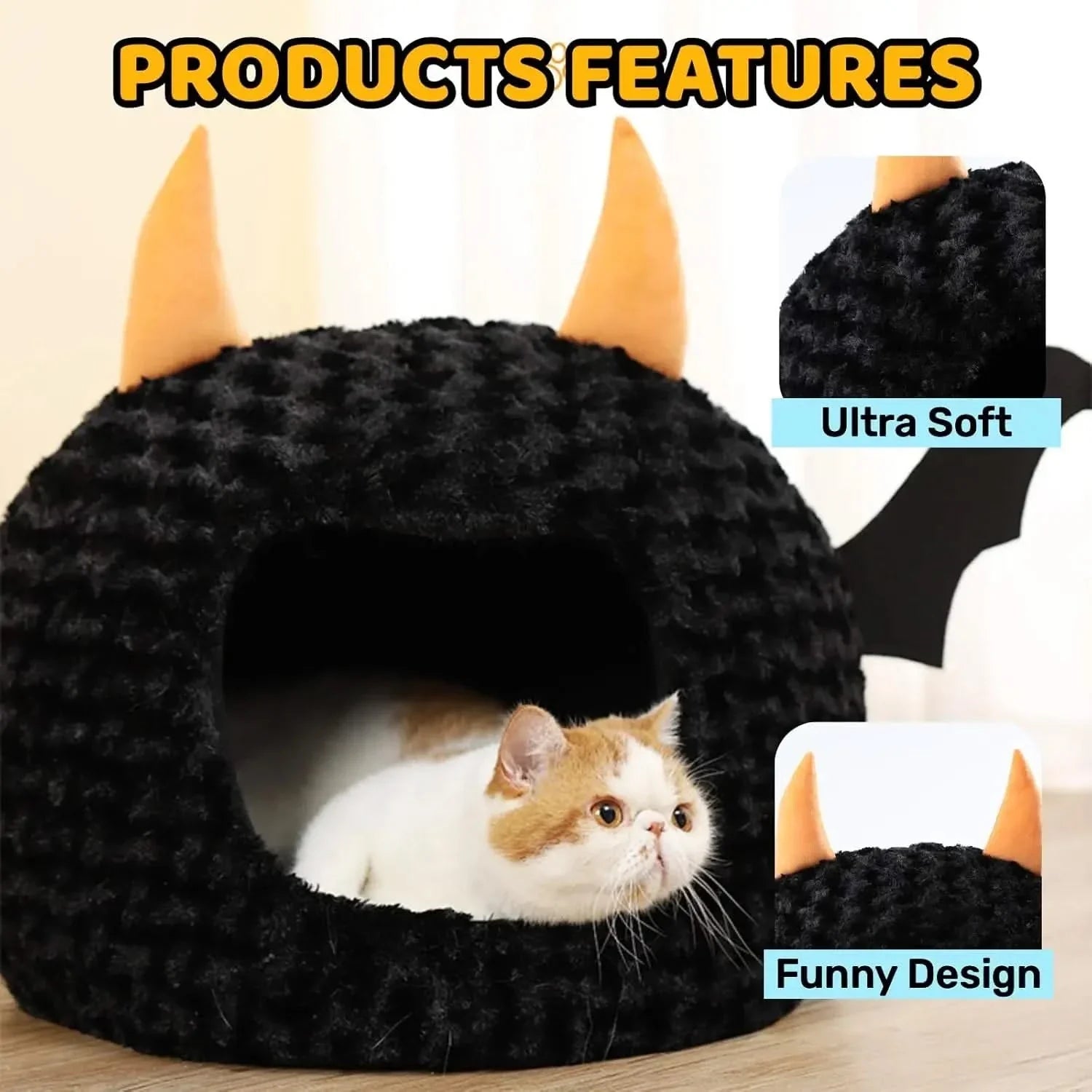 Funny Halloween Bat Cat Cave Bed: Warm, Ultra-Soft Plush, Removable Cushion