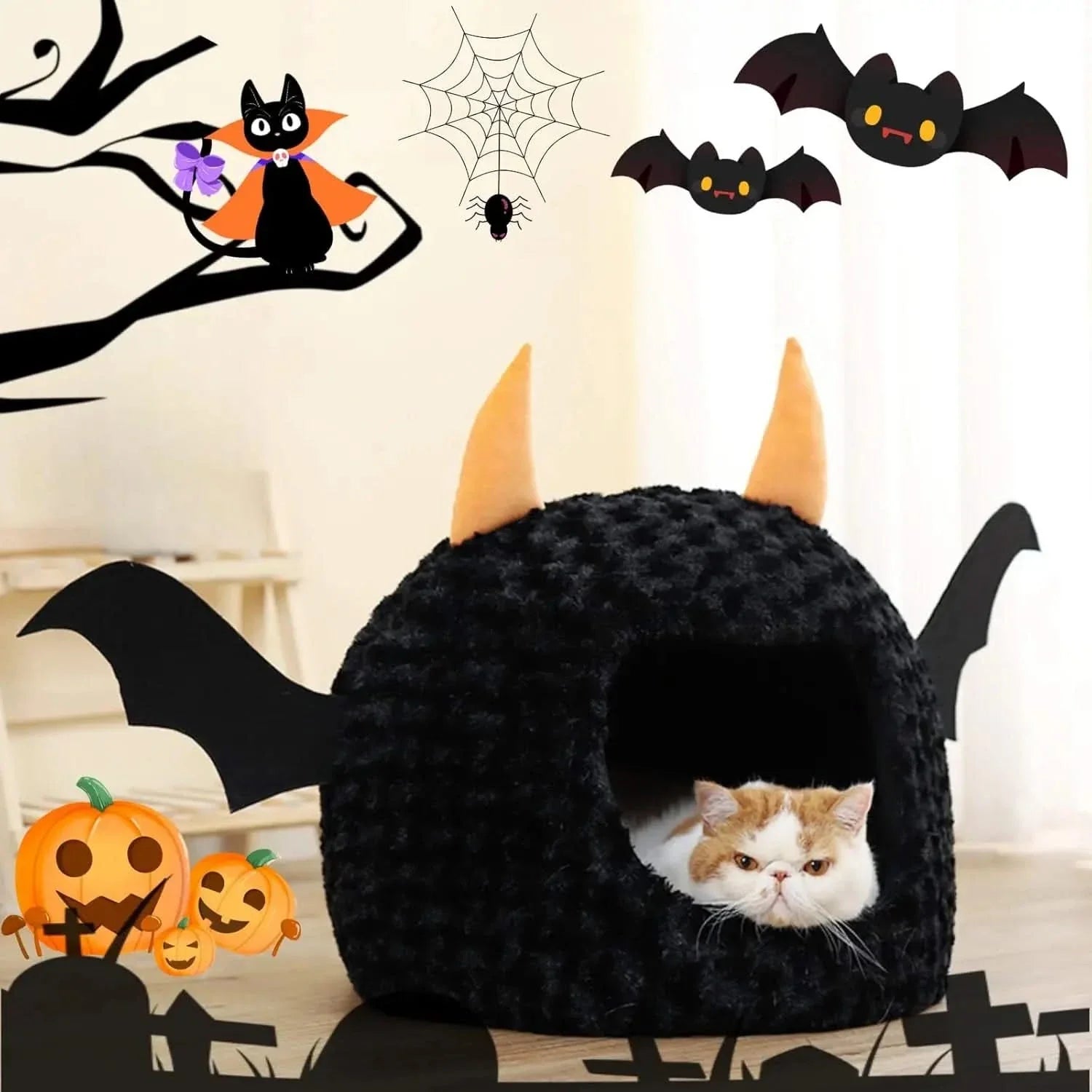 Funny Halloween Bat Cat Cave Bed: Warm, Ultra-Soft Plush, Removable Cushion