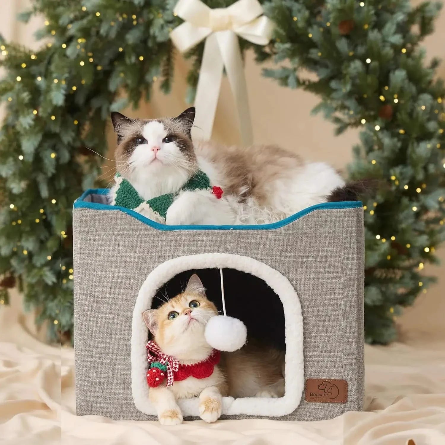 Bedsure Large Cozy Cat Cave Hideaway House, Scratch Pad, Plush Toy