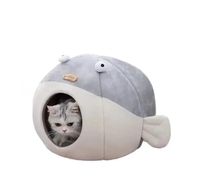 Plush Fish-Shaped Cat Bed: Gray-Beige Fabric, Enclosed Privacy Shelter for Cats