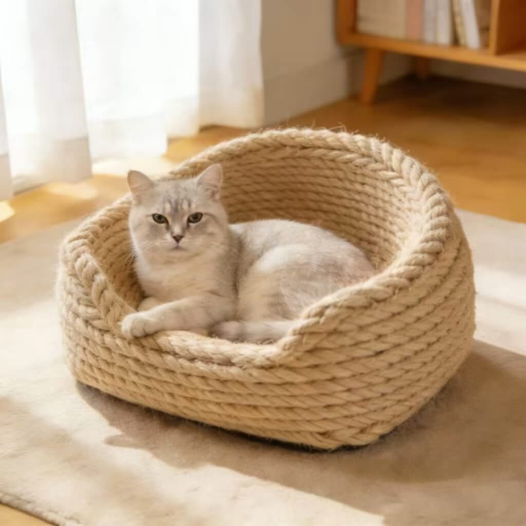 Durable Natural Pet Bed for Cats/Dogs - Beige, Braided Rope Design