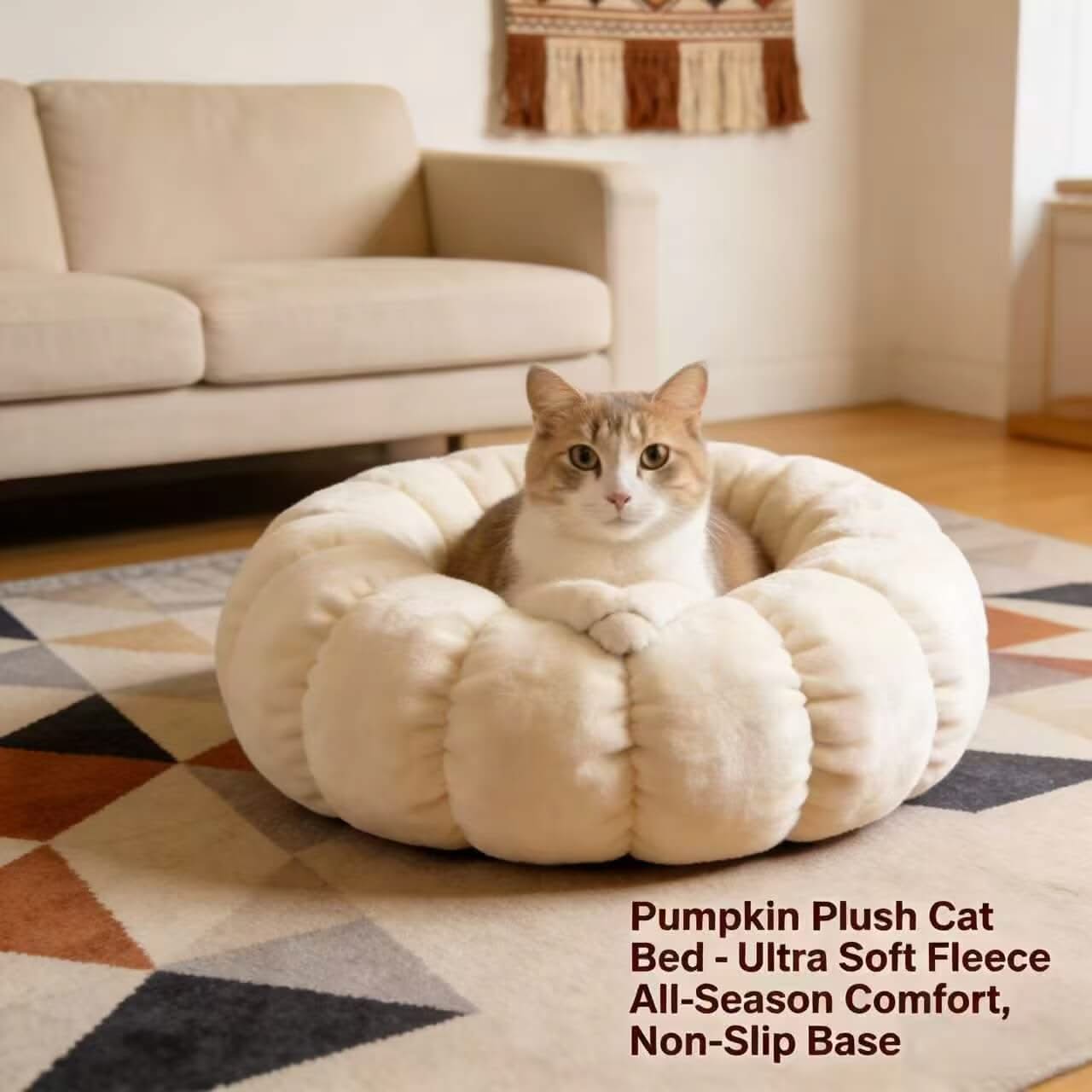 Pumpkin-Shaped Pet Bed for Cats - Cream, Plush, Soft Cushion, Cozy Design, All-Season