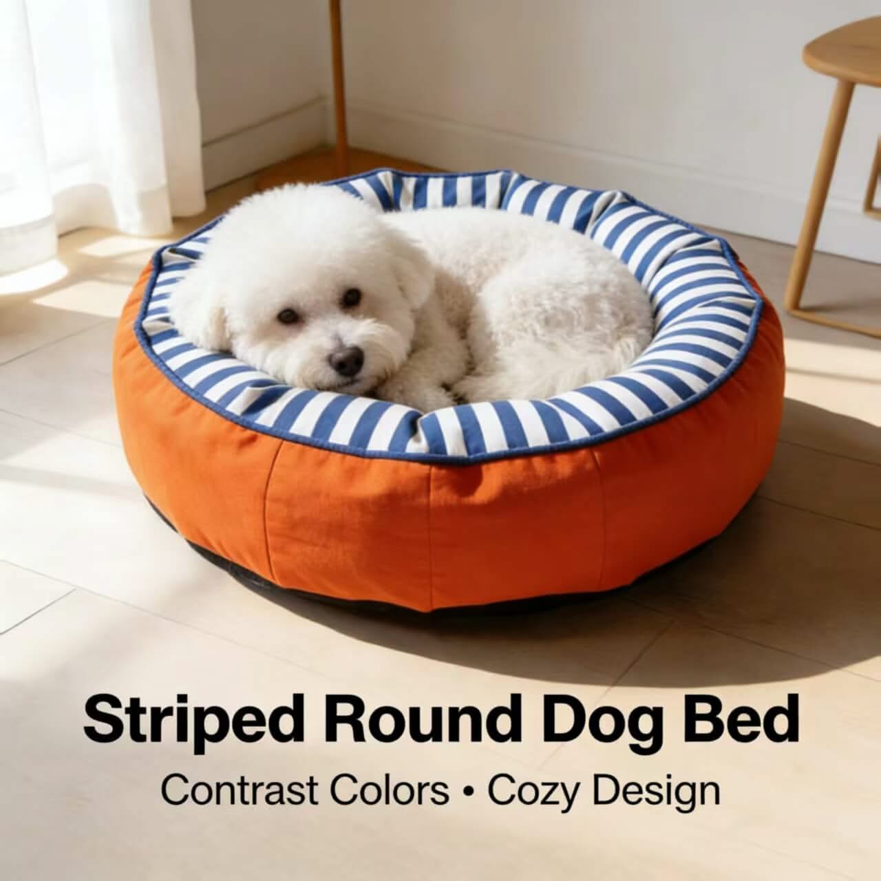 Striped Contrast Round Dog Bed , Orange/Blue Cozy Design for Small-Medium Dogs