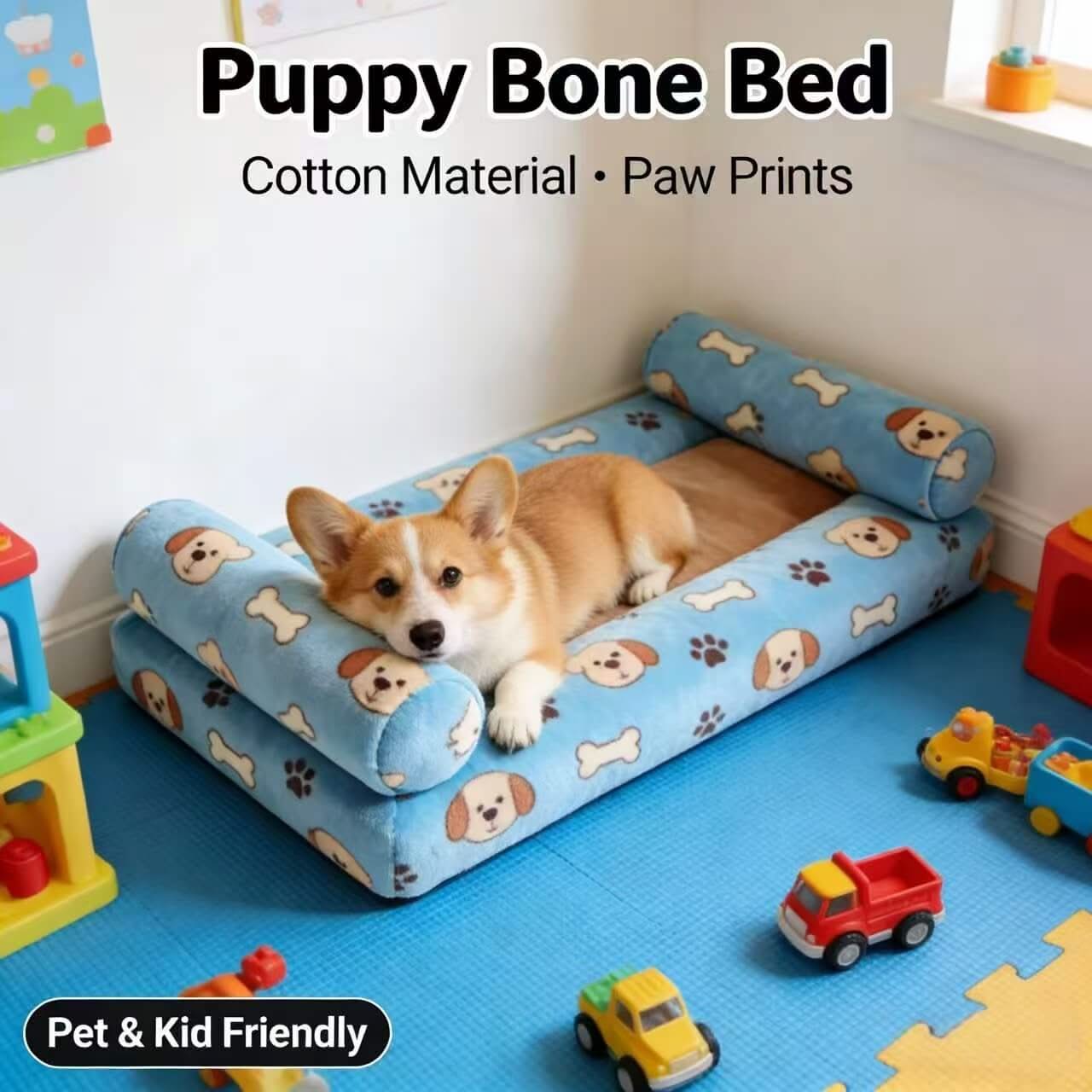 Adorable Puppy Pet Bed for Dogs - Bone-Print, Cotton, Blue, Kid-Friendly, Cozy Cushion