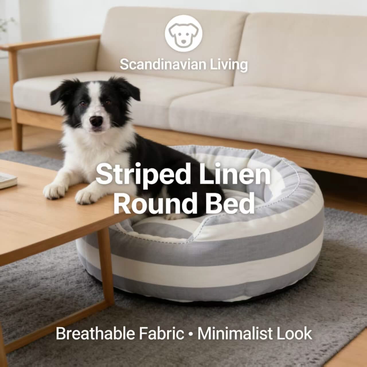 Scandinavian-Living Pet Bed for Dogs - Round, Grey-White Striped Linen, Breathable, Minimalist Look
