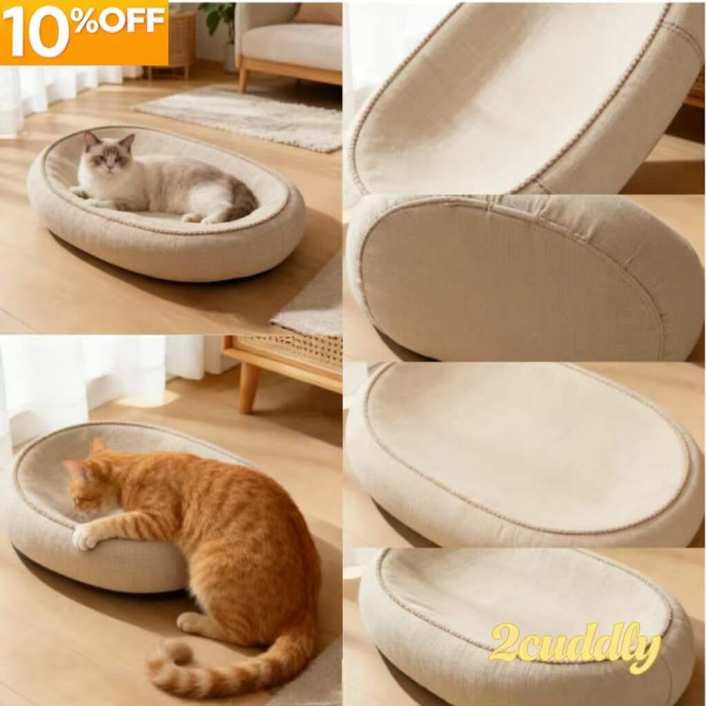 Oval Pet Bed for Cats - Beige, Soft Fabric, Comfortable Cushion, All-Season