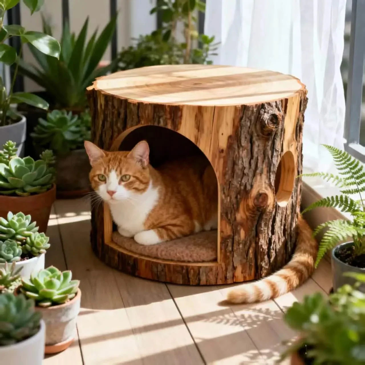 Cat Bed, Tree Stump Shape, Natural Wood, Brown,  Outdoor/Indoor Use, All-Season