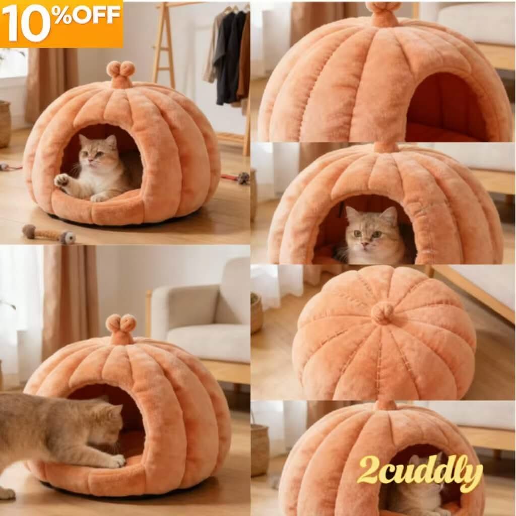 Pumpkin-Shaped Pet Cave Bed for Cats - Plush, Peach, Cozy Hiding Spot, All-Season
