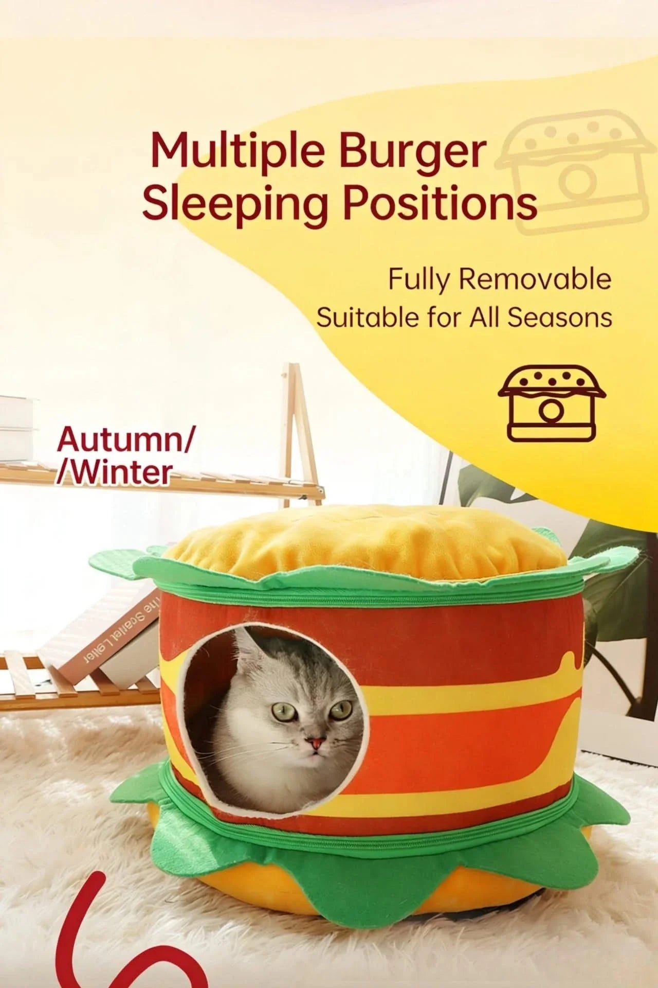  Fun Pet Bed for Cats, Burger Shape, Soft Fabric,  Food Themed, All-Season