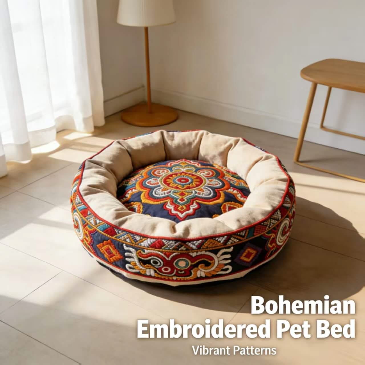 Bohemian Embroidered Pet Bed for Small Dogs – Vibrant Pattern Plush Cushion