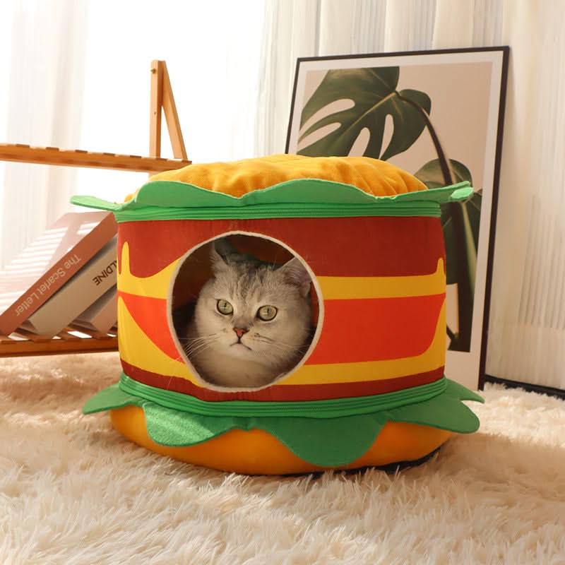  Fun Pet Bed for Cats, Burger Shape, Soft Fabric,  Food Themed, All-Season