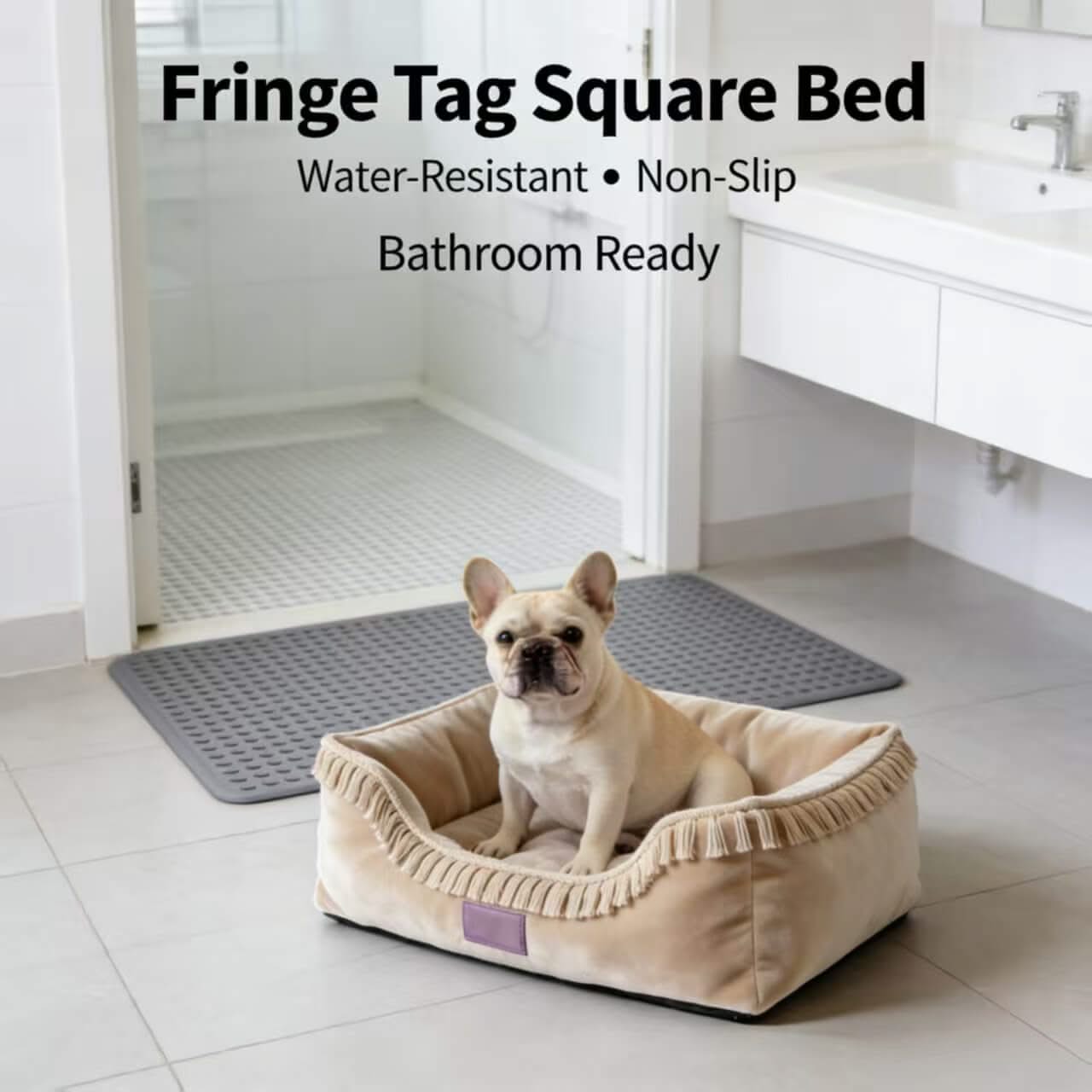 Water-Resistant Pet Bed for Dogs - Beige, Square, Fringe Trim, Non-Slip, Bathroom-Friendly