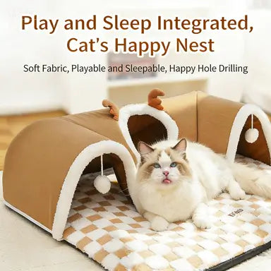 Interactive Toy Multi-Entry Cat Tunnel: Beige Checkered Plush Mat for Cats (All-Season)
