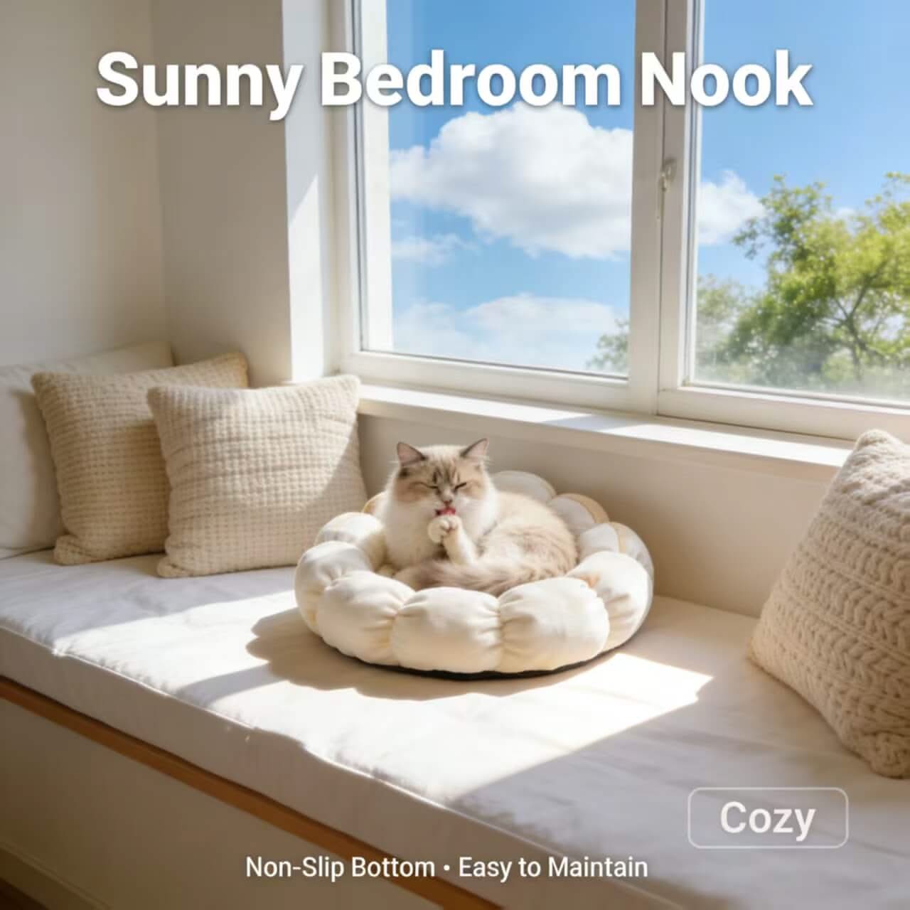 Plush Comfort Pet Bed for Cats- Flower-Shaped, Soft Fleece, Cozy Cushion (Beige-White, All-Season)