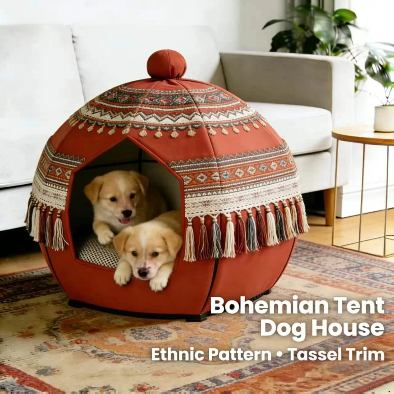 Bohemian Pet Bed for Dogs, Tent Shape, Ethnic Pattern, Red, Tassel Trim, All-Season