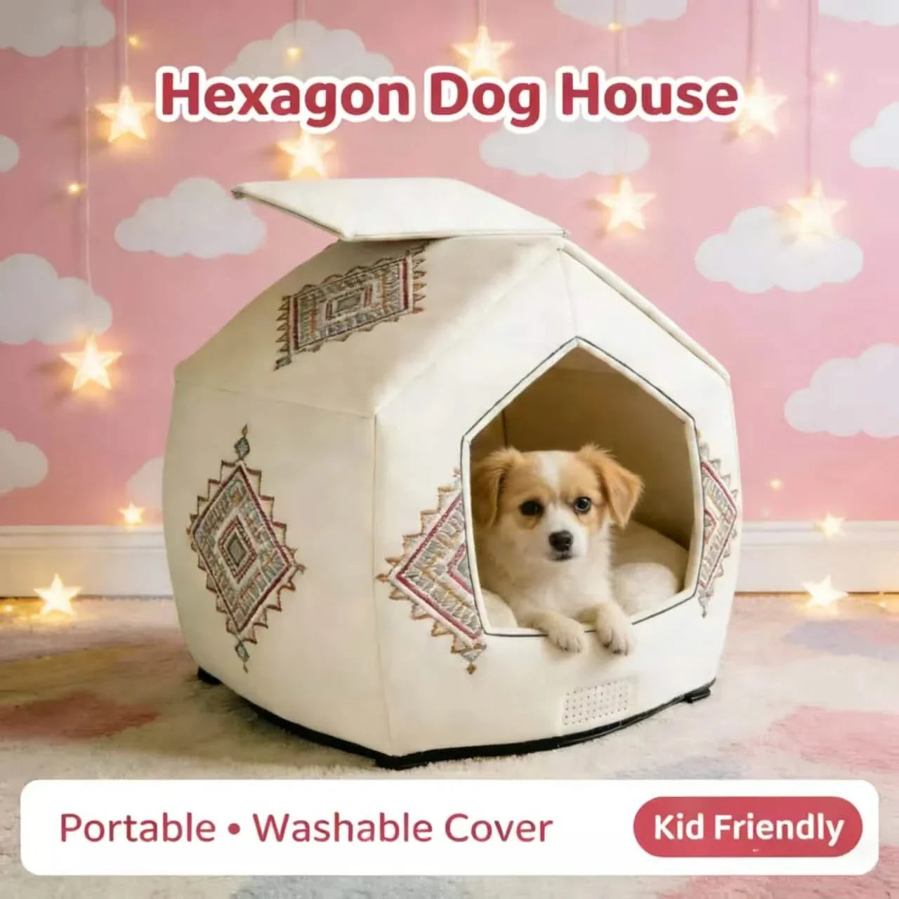 Dog Bed, Hexagon House Type, Beige, Washable Cover, Portable & Kid-Friendly Nest