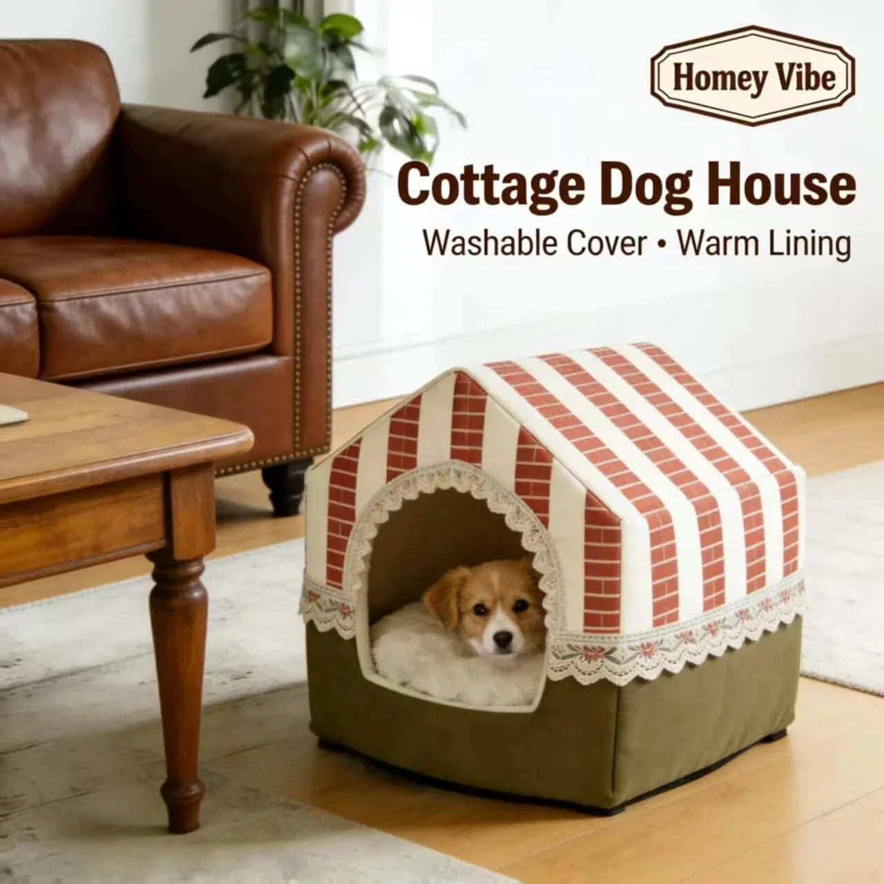 Cottage Dog Bed, Washable Cover, Warm Lining, Red/White/Green, Lace Trim