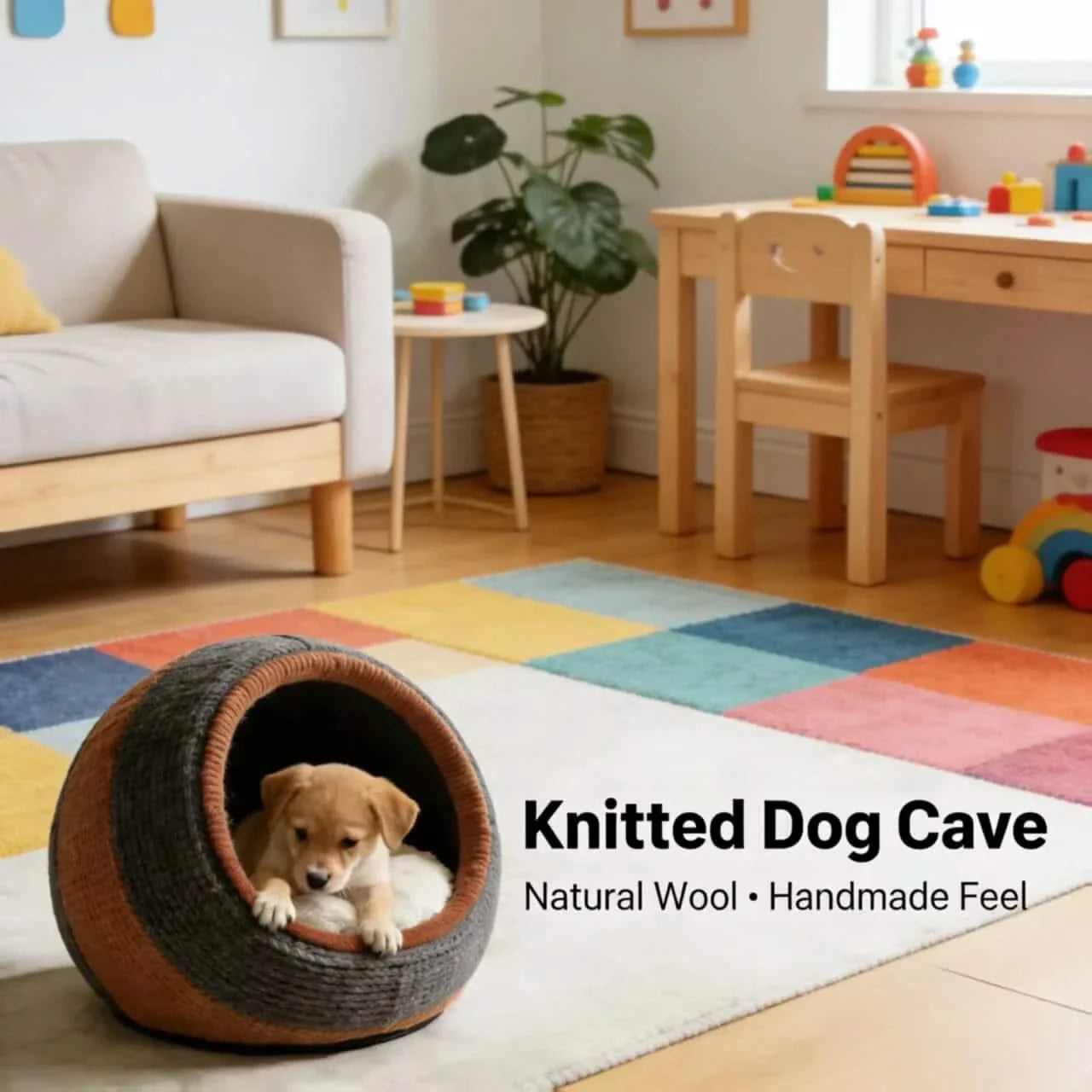Handmade Knitted Pet Bed for Dogs, Cave Shape, Natural Wool