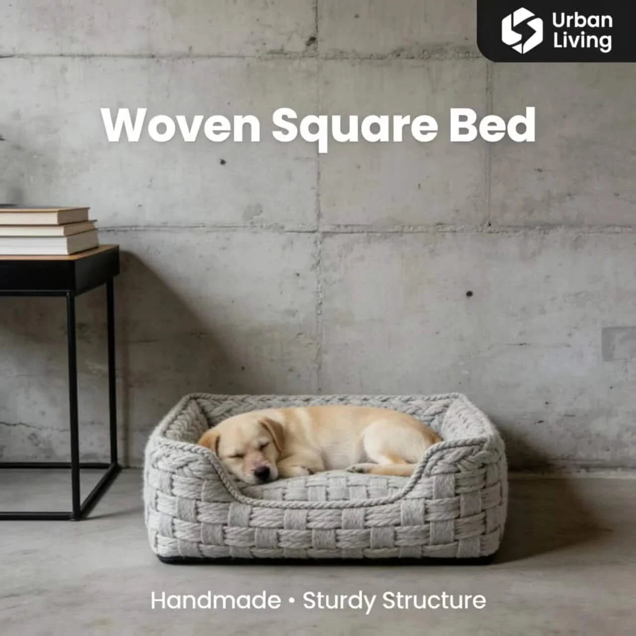 Urban Living Dog Bed, Square Design, Handmade Woven, Gray, Sturdy Structure