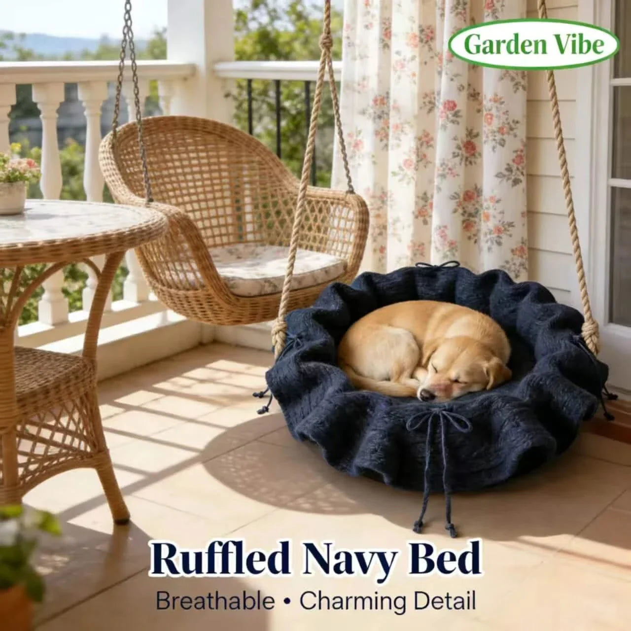 Charming Ruffled Pet Bed for Dogs, Round Shape, Navy, Breathable, Garden Vibe