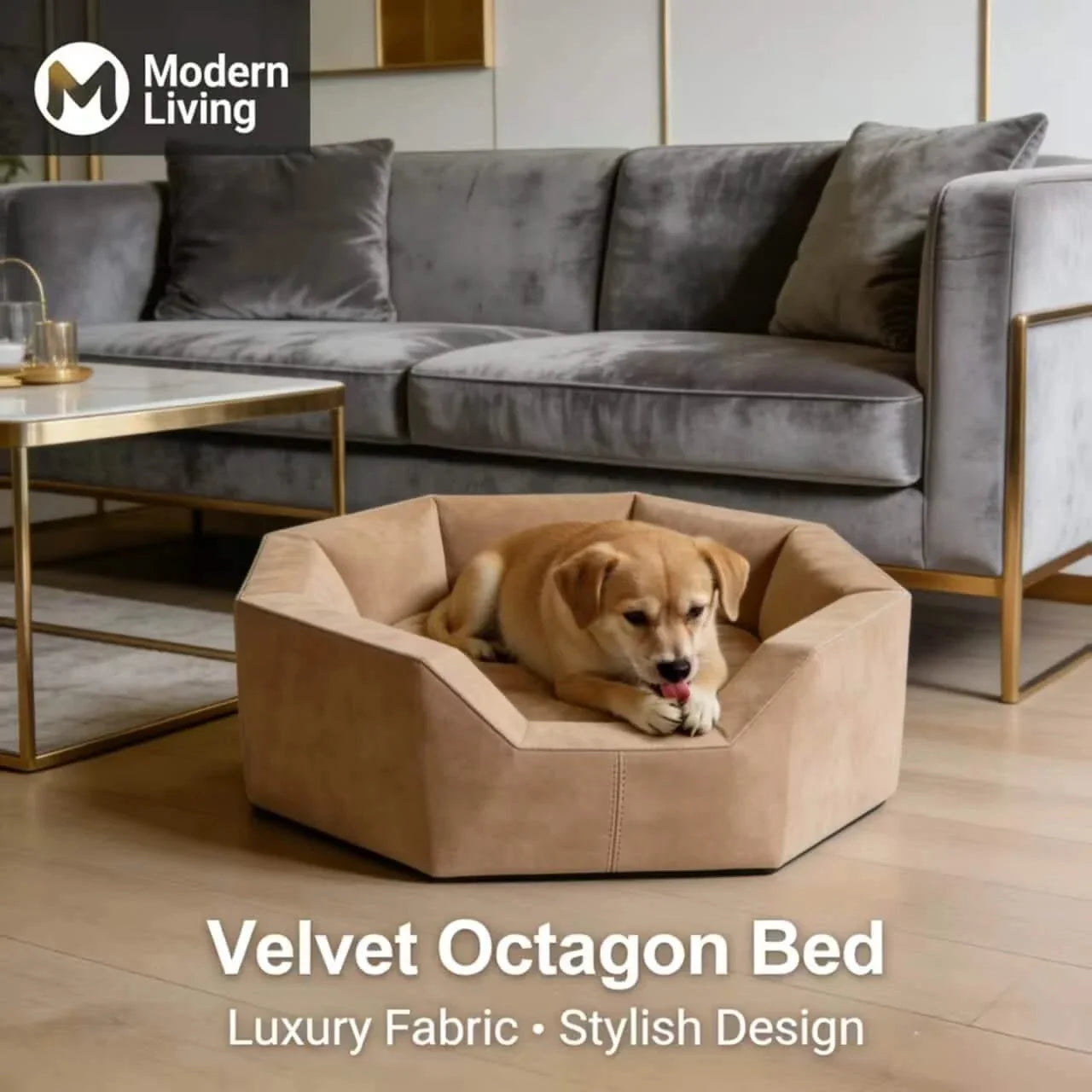 Stylish Velvet Pet Bed for Dogs, Octagon Shape, Beige, Luxury Fabric, Modern Living