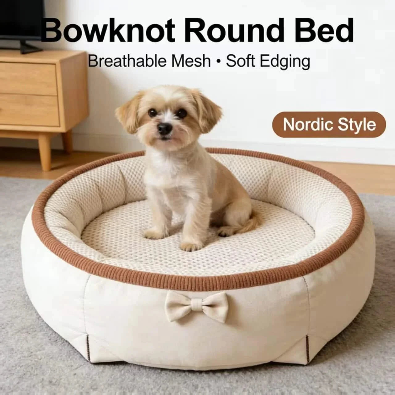 Dog Bed, Round Type, Bowknot, Beige/Brown, Breathable Mesh, Nordic All-Season Bed
