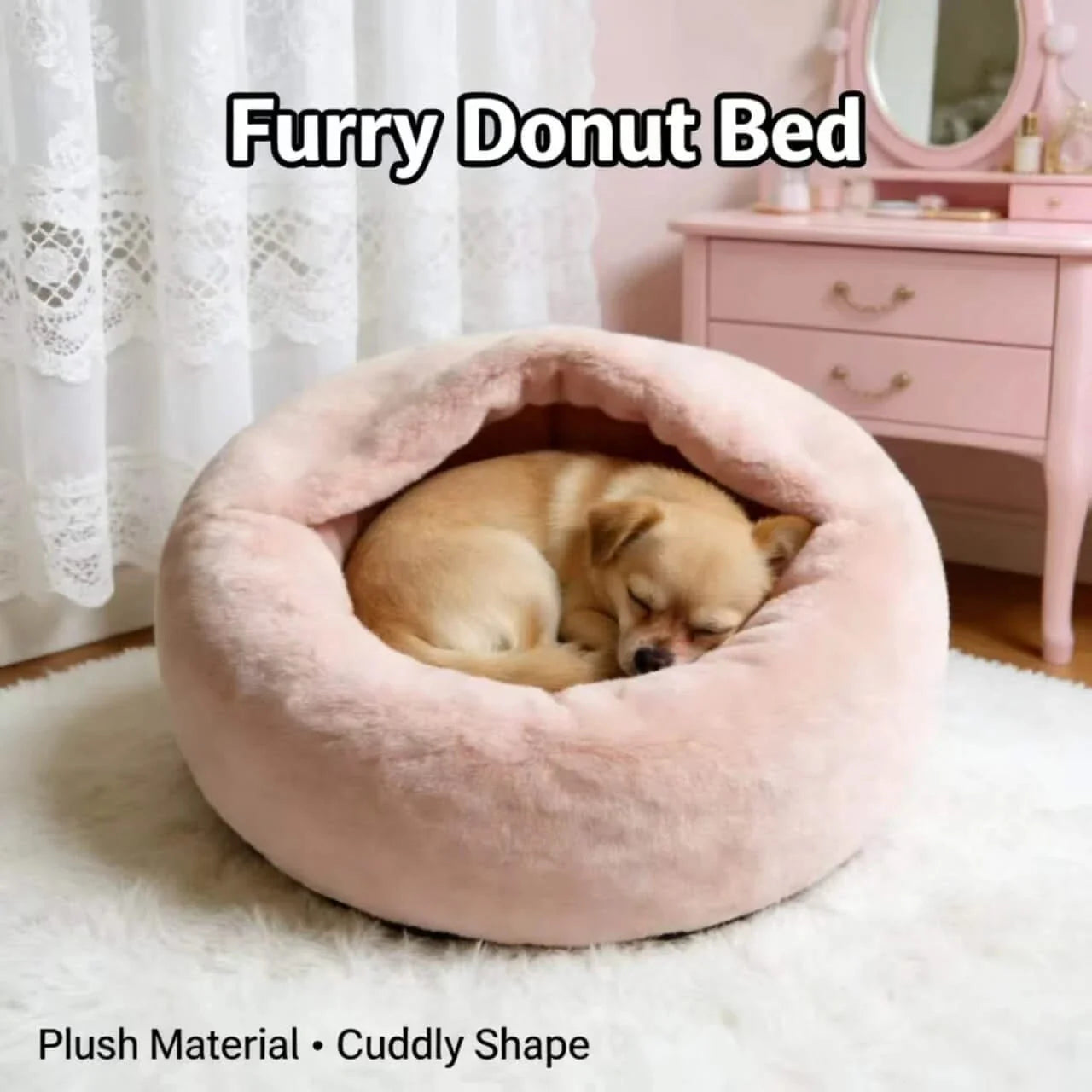 Plush Donut Dog Bed, Round Design, Pink, Cuddly Shape, Cozy Nest