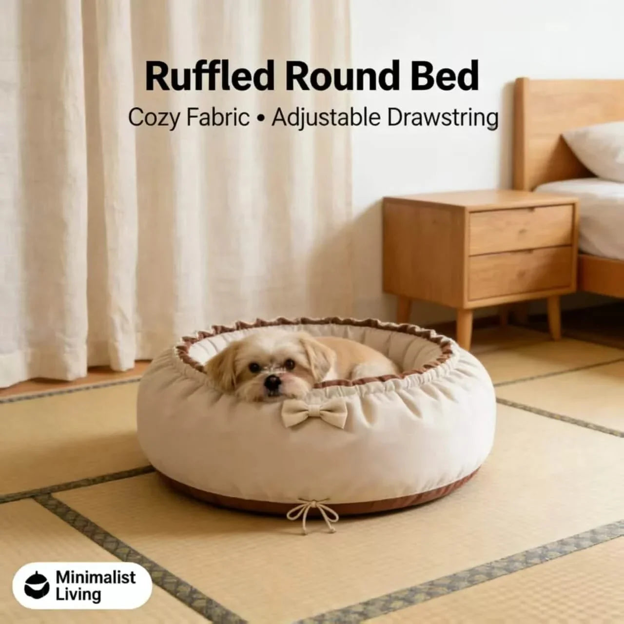 Minimalist Ruffled Pet Bed for Dogs, Round Shape, Beige/Brown, Adjustable Drawstring