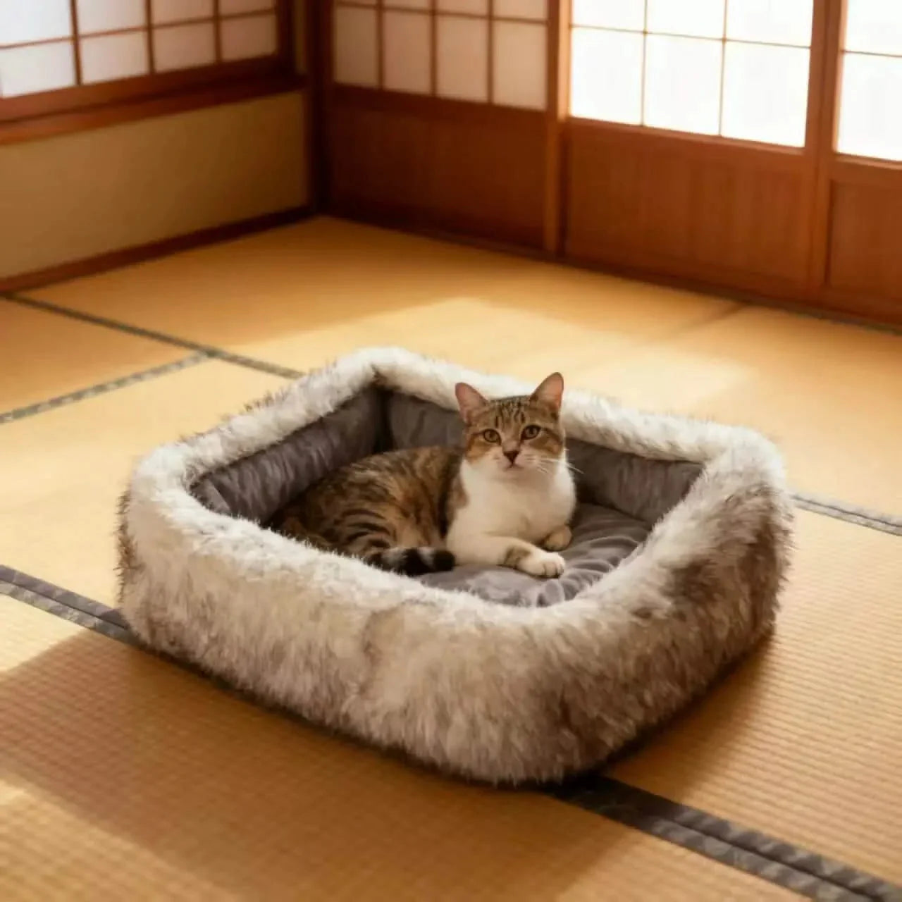 Cozy Warm Cat Bed: Gray Faux Fur Trim, Plush Lining for Cats (All-Season)