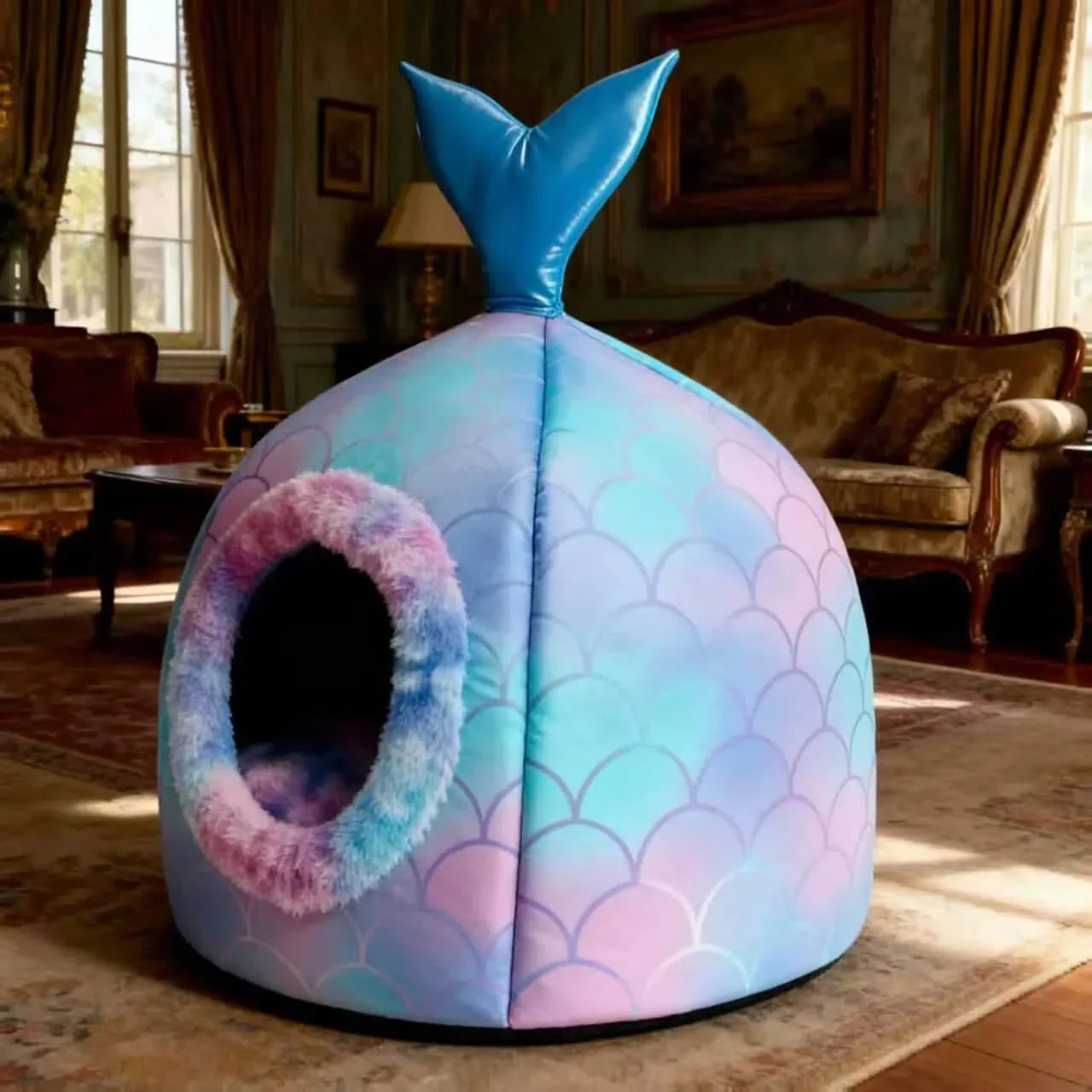 Comfortable Cat Nest: Fishtail Design, Blue-Pink Gradient, Plush Lining for Cats